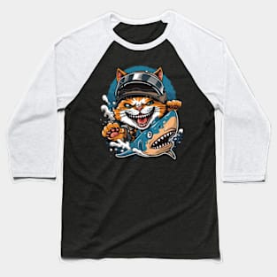 Cat Riding Shark Marine Journey Baseball T-Shirt